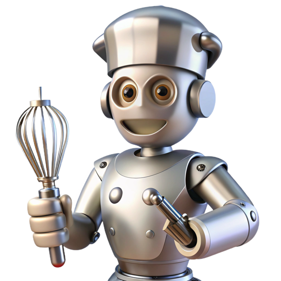 exquisite mysterious bohemian Robot chef, metallic, multiple arms, whisking, NO BACKGROUND with Transparent Background. detailed png
