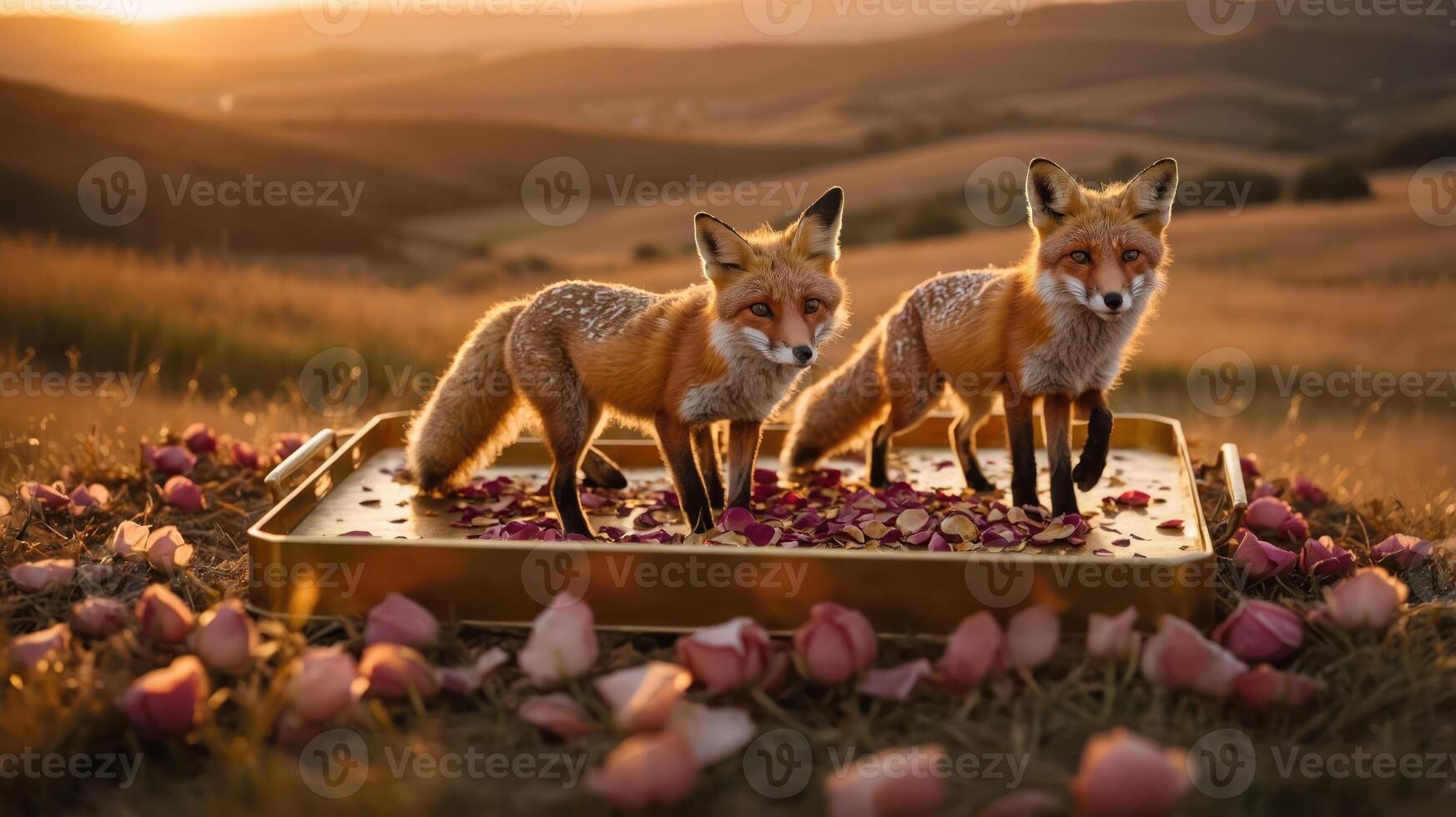 Two foxes standing on a tray surrounded by rose petals in a sunset landscape. photo