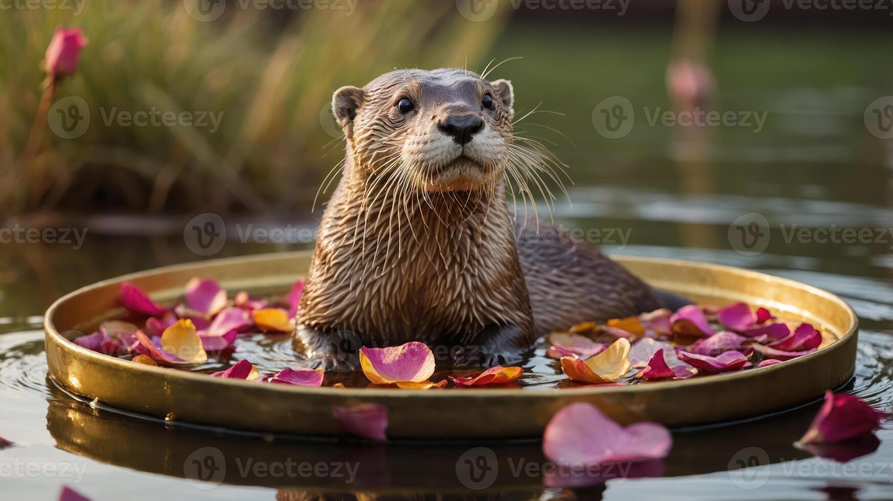 An otter sits in a golden tray filled with flower petals on a serene water surface. photo