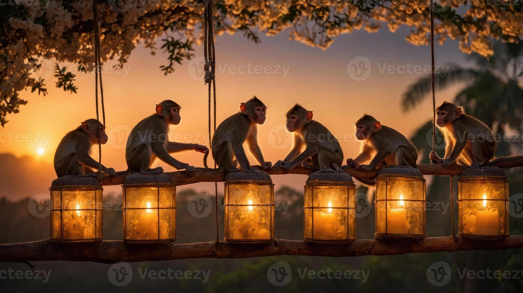 Monkeys sitting on a branch with glowing lanterns at sunset. photo