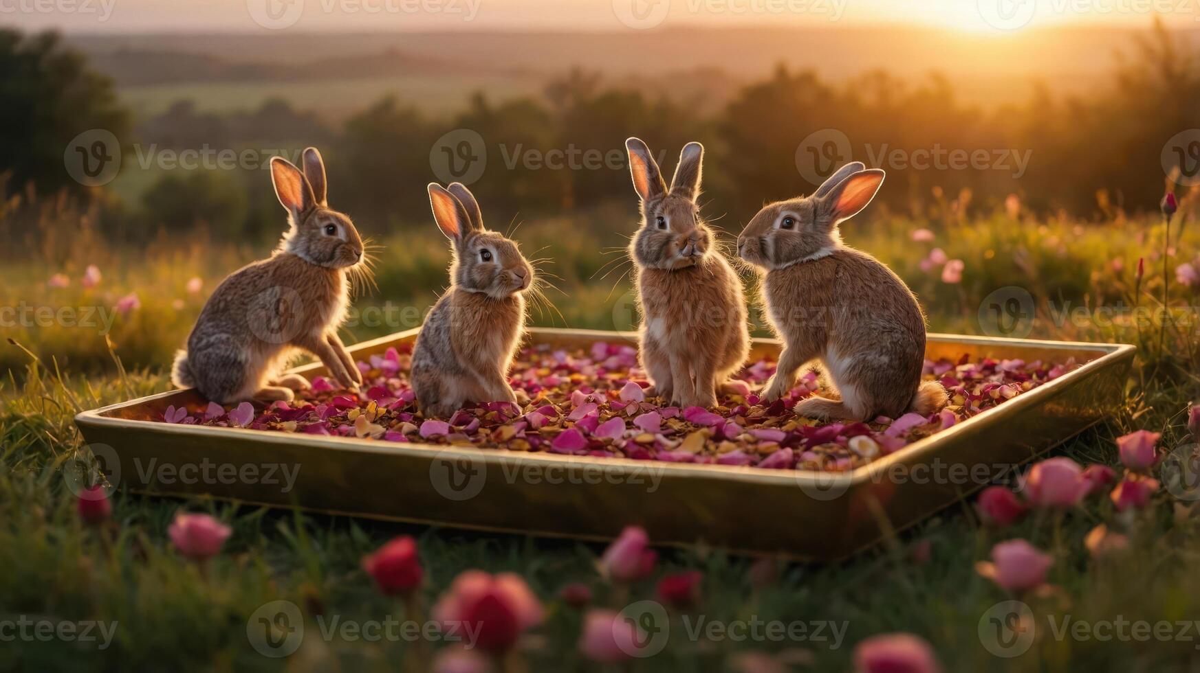Four rabbits sitting on a bed of petals in a picturesque sunset scene. photo