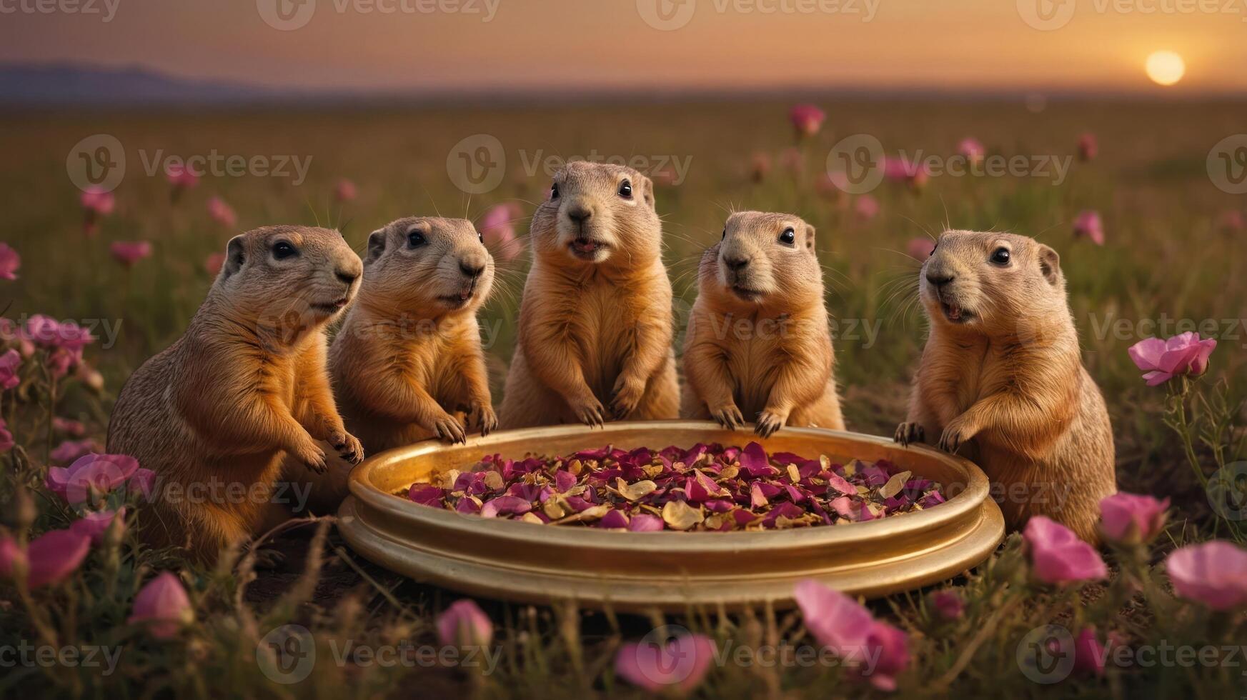 Five prairie dogs gathered around a gold plate filled with rose petals in a field at sunset. photo