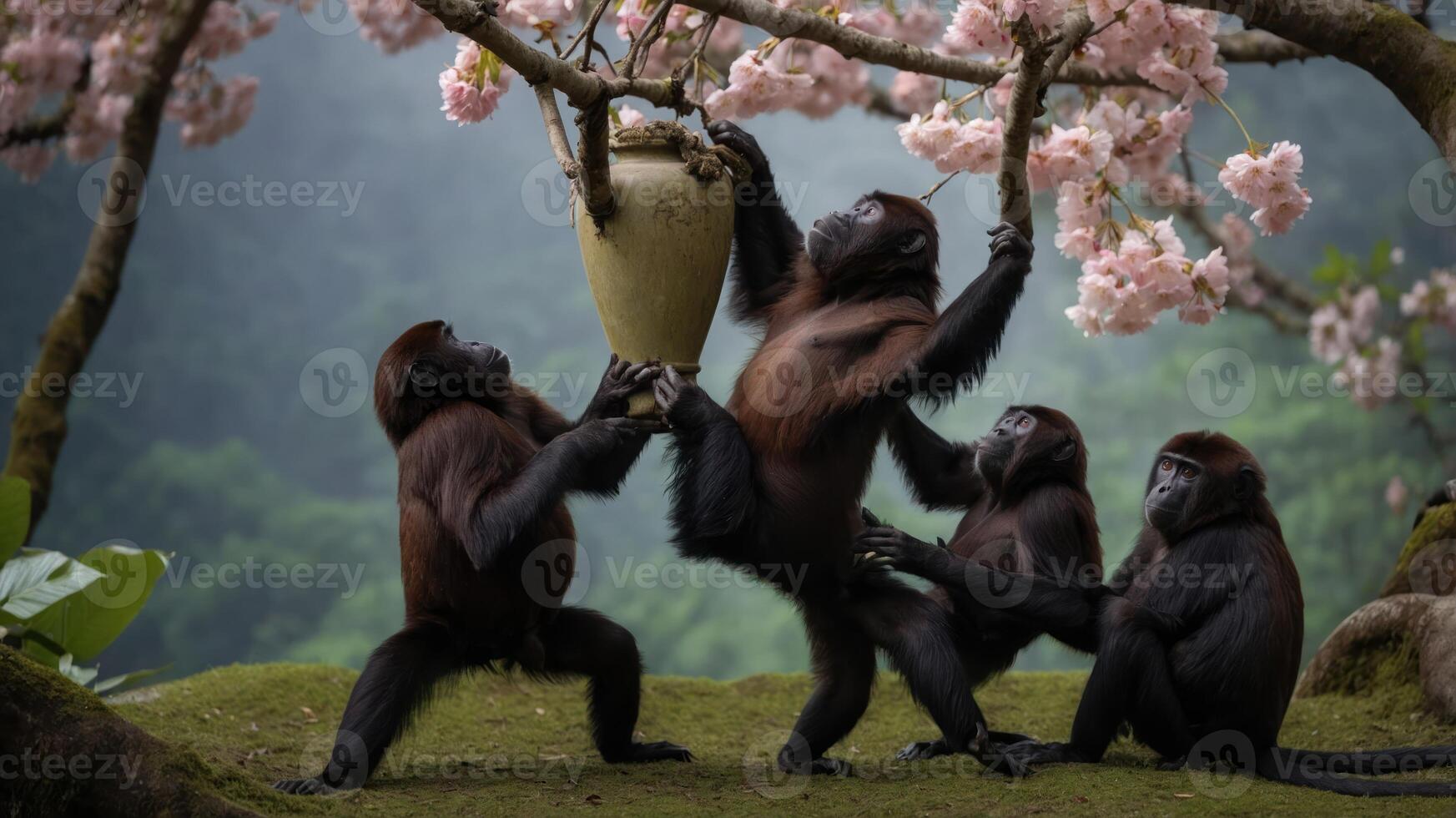 A group of monkeys interacting with a decorative pot beneath cherry blossom trees. photo