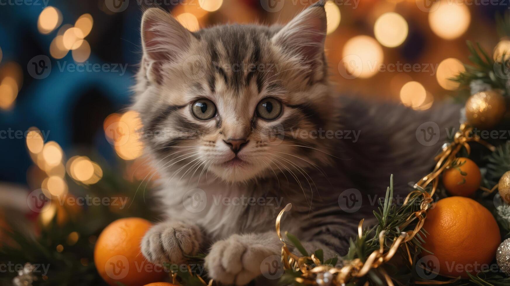 A playful kitten resting among festive decorations and oranges. photo
