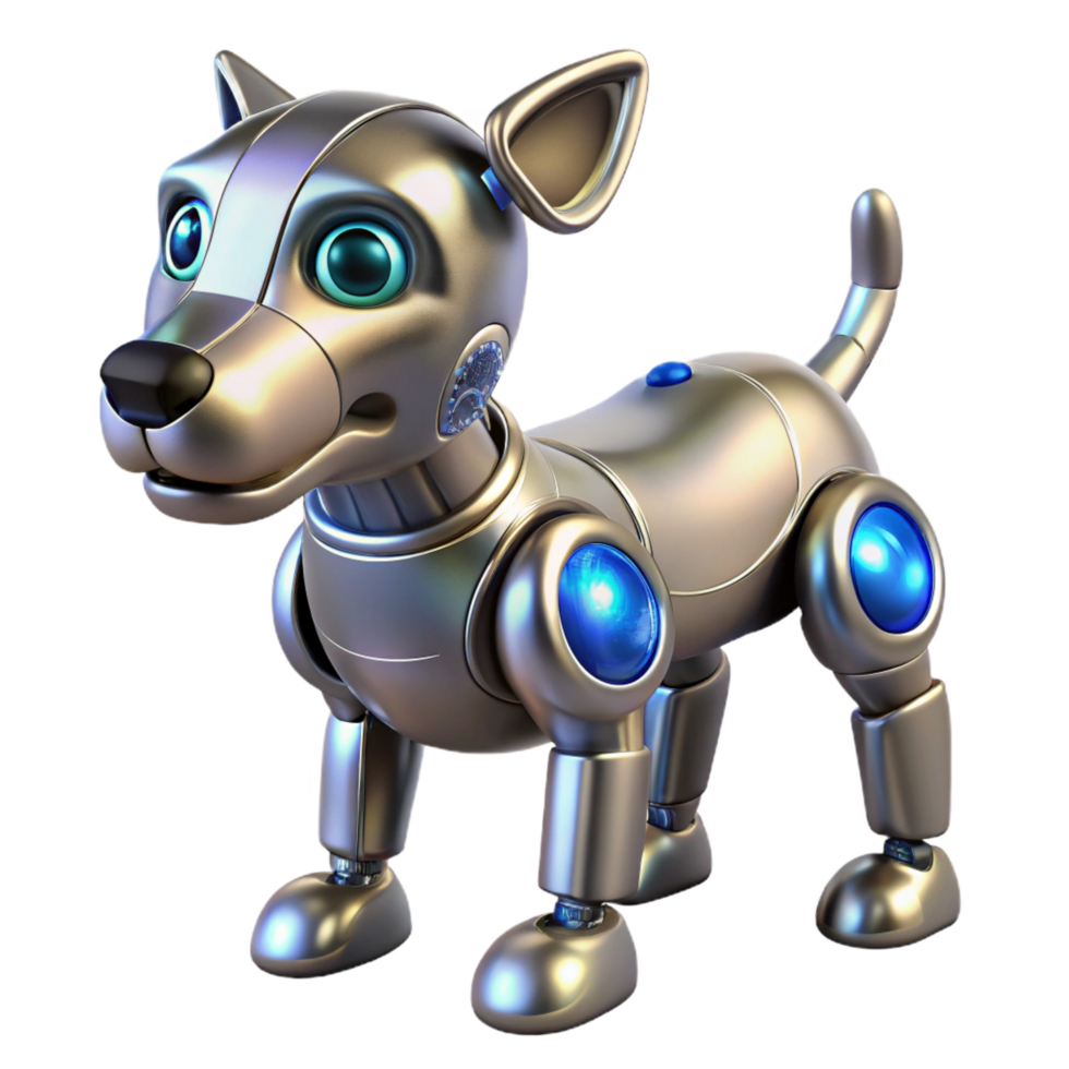 sought-after coastal Robotic dog with metallic plating and glowing sensors. NO BACKGROUND with Transparent Background. handcrafted png