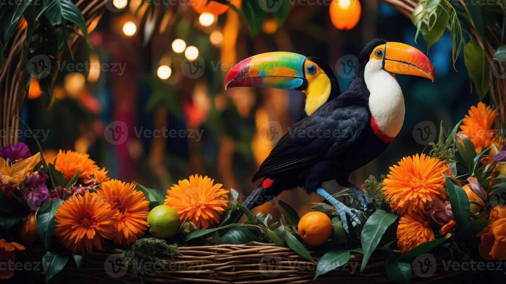 Two colorful toucans perched among vibrant flowers and foliage in a decorative setting. photo