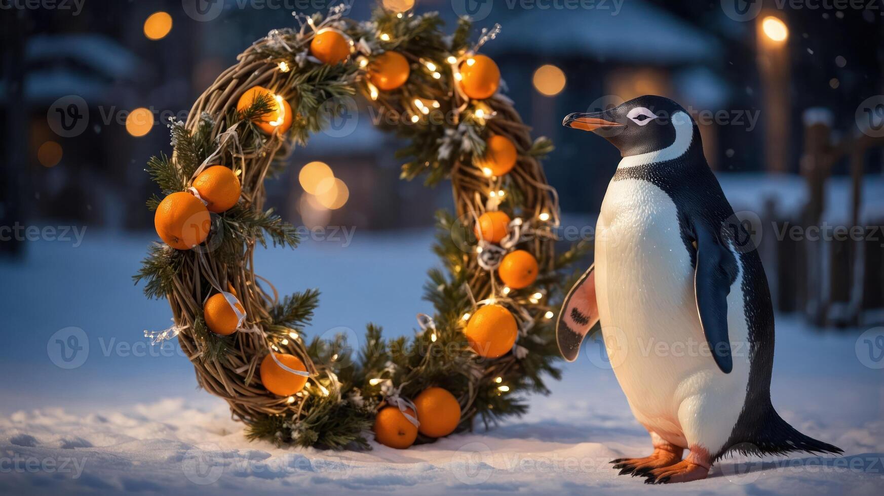 A penguin stands beside a festive wreath adorned with oranges and lights in a snowy setting. photo