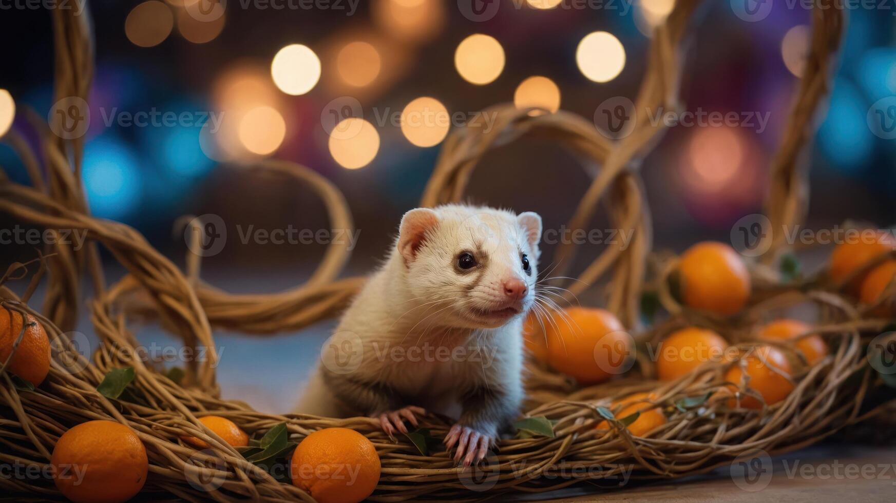 A playful ferret nestled in a decorative nest with oranges, set against a blurred background. photo