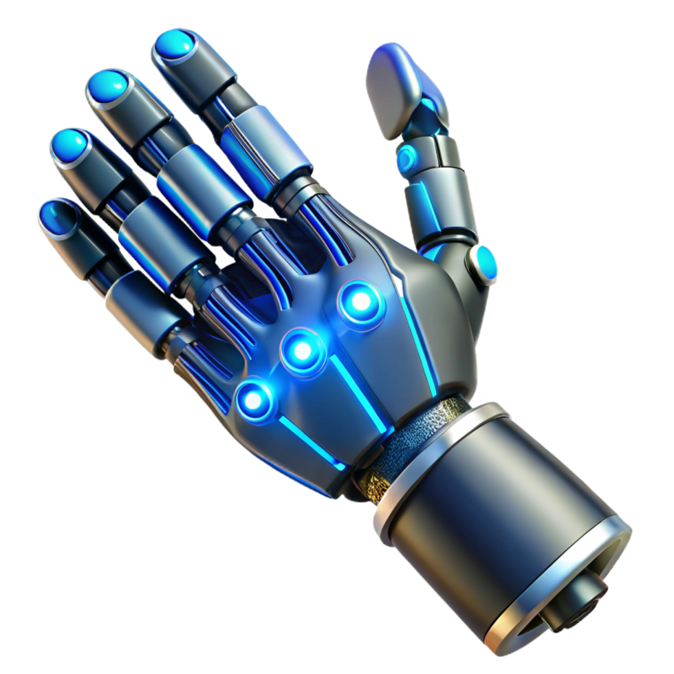inspired creative Cybernetic arm with intricate wiring and glowing blue accents NO BACKGROUND with Transparent Background. masterfully captured png