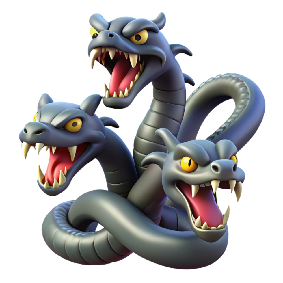 timeless classic A Hydra, multi-headed serpent, each head hissing, NO BACKGROUND with Transparent Background. sharp png