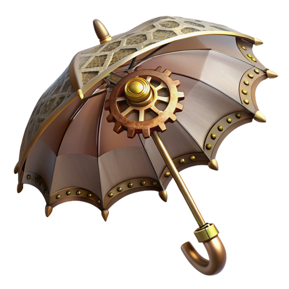 enchanting mysterious industrial Steampunk umbrella with intricate gears and a brass handle. NO BACKGROUND with Transparent Background. perfect clarity png