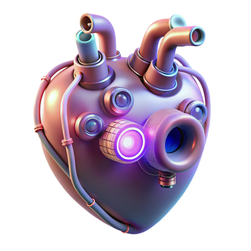 dramatic intense geometric Cybernetic heart with glowing wires and mechanical valves NO BACKGROUND with Transparent Background. flawless png