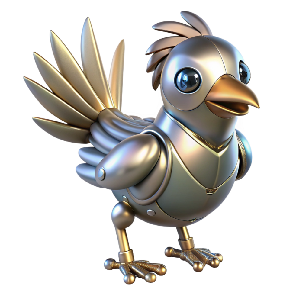 splendid celebrated Robotic bird with metallic feathers. NO BACKGROUND with Transparent Background. png