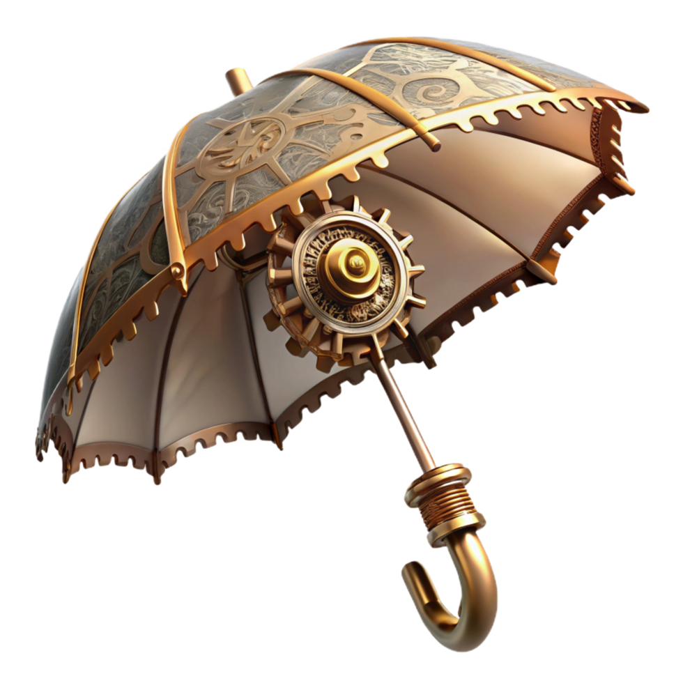 joyful magnificent Steampunk umbrella with intricate gears and a brass handle. NO BACKGROUND with Transparent Background. impeccable png