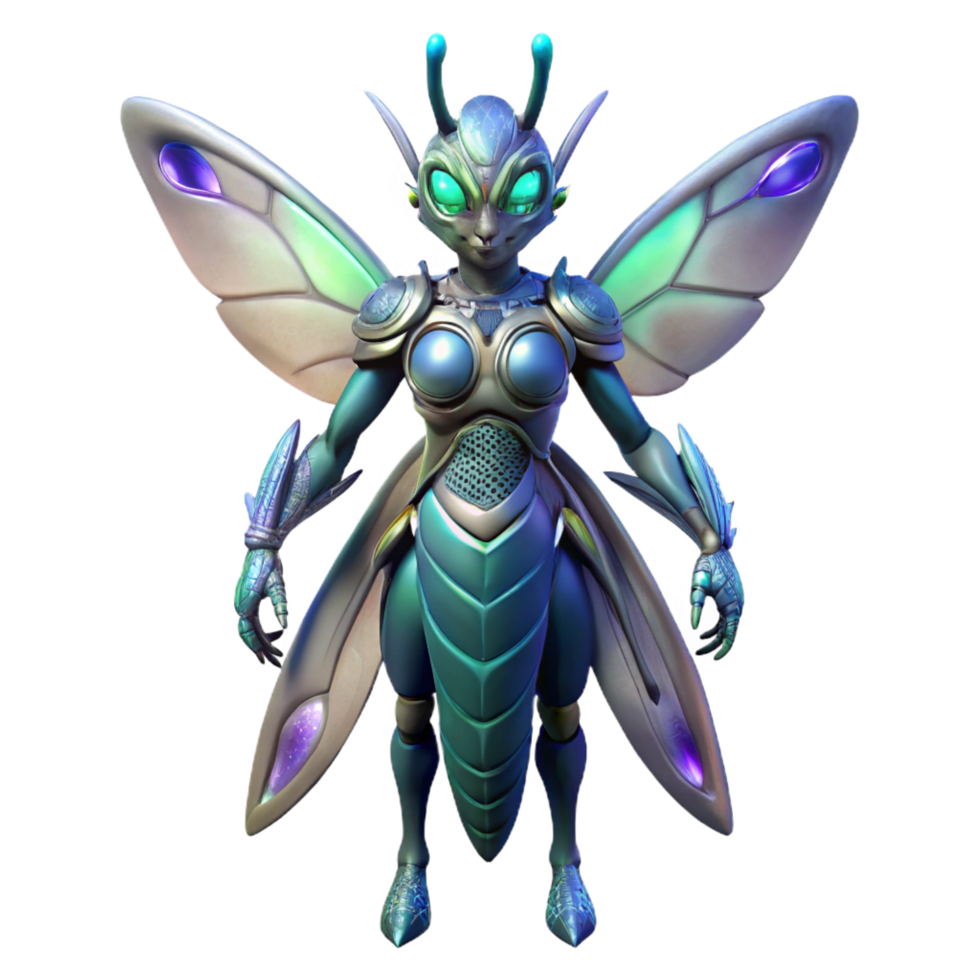 impressive exceptional Alien insect queen, chitinous armor, bioluminescent, NO BACKGROUND with Transparent Background. png