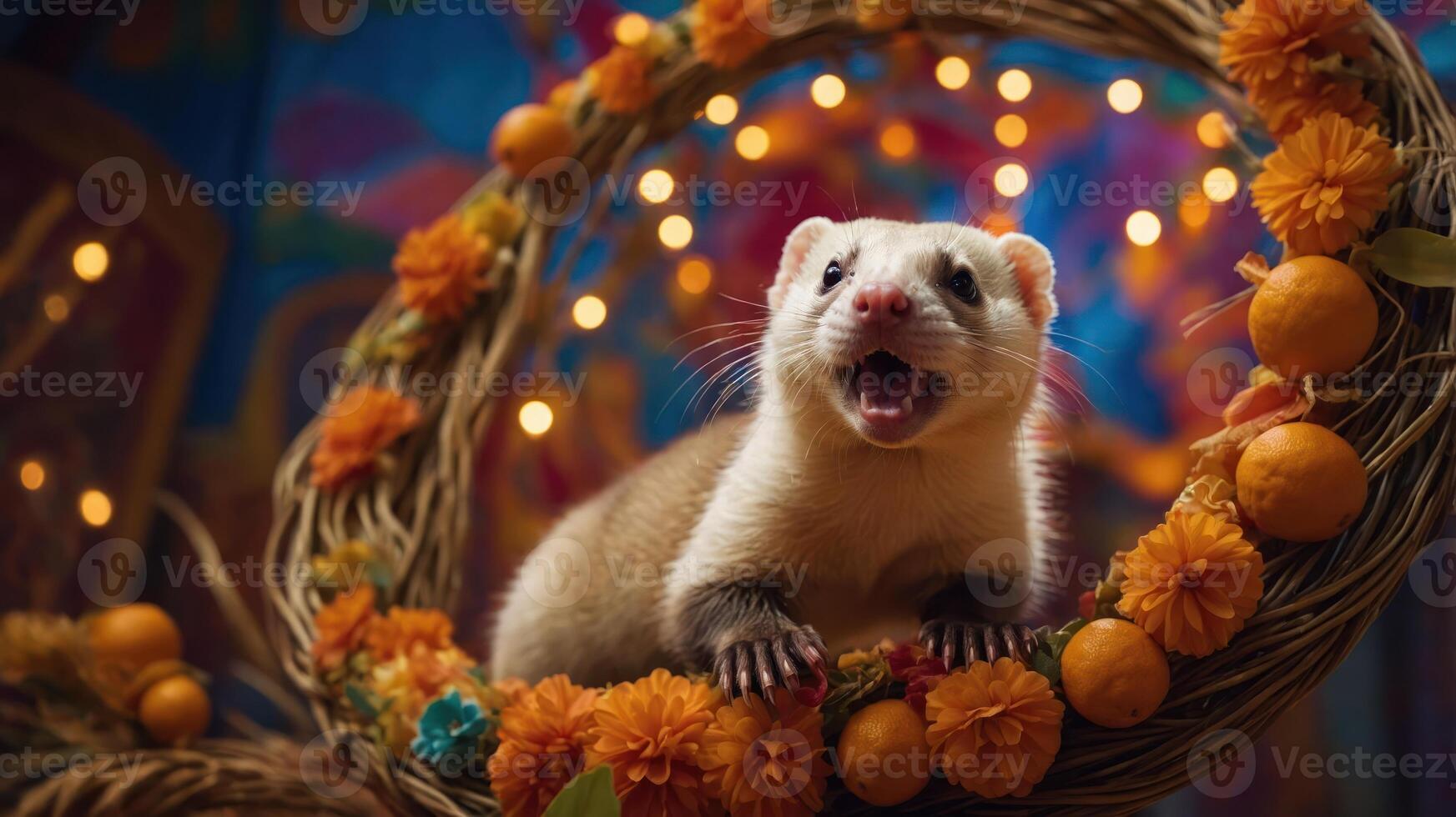 A ferret playfully posed within a floral wreath, surrounded by vibrant decorations. photo