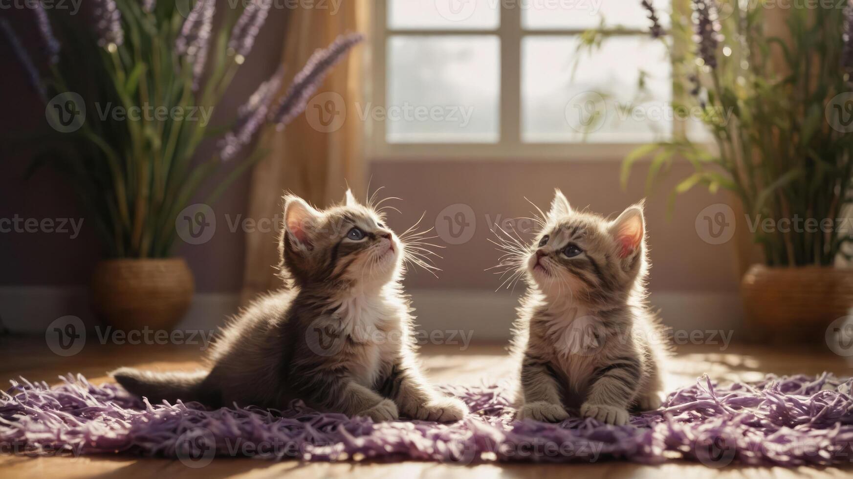 Two playful kittens sitting on a rug, illuminated by soft sunlight in a cozy room. photo
