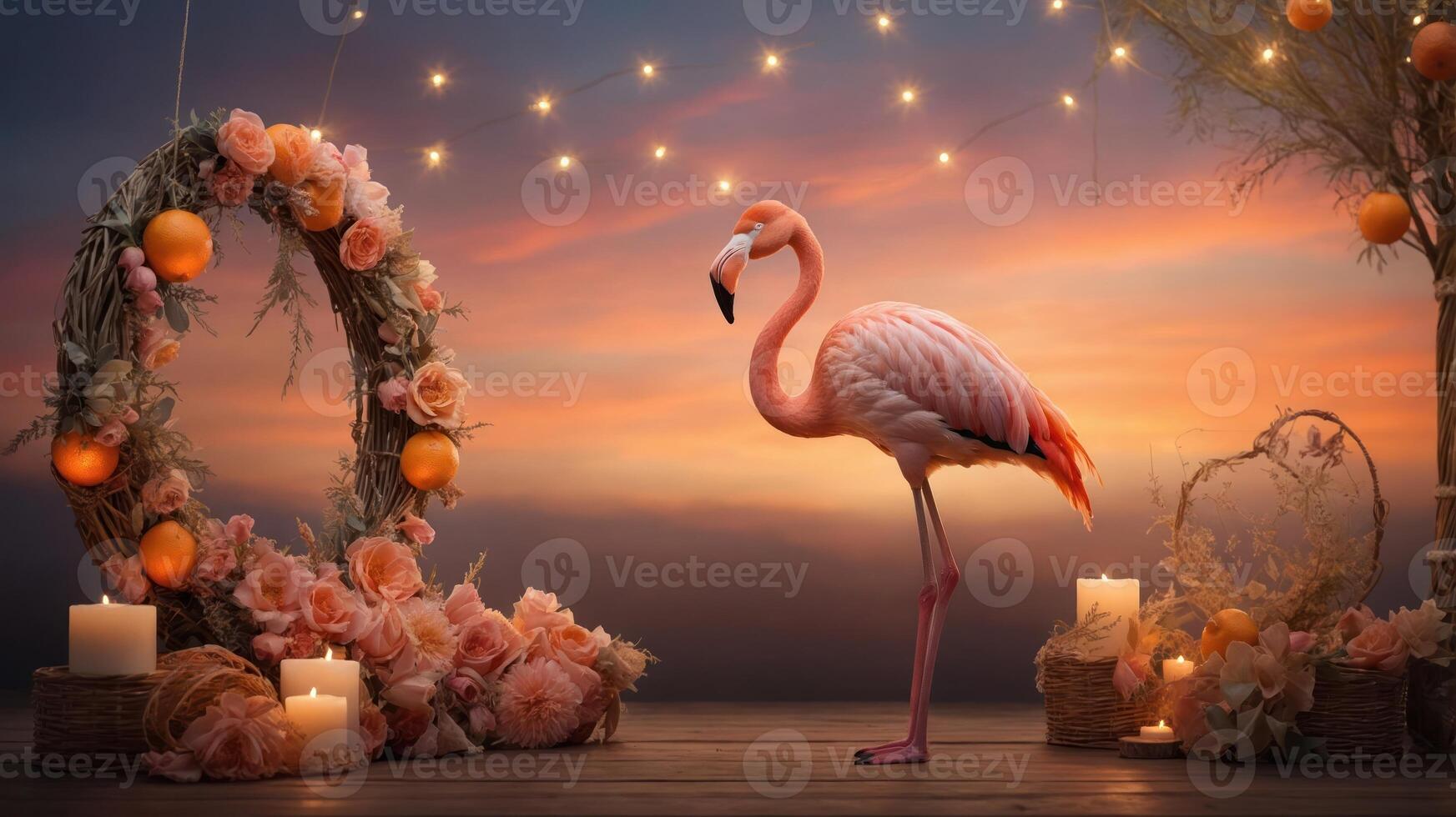 A serene scene featuring a flamingo surrounded by flowers, candles, and a sunset backdrop. photo
