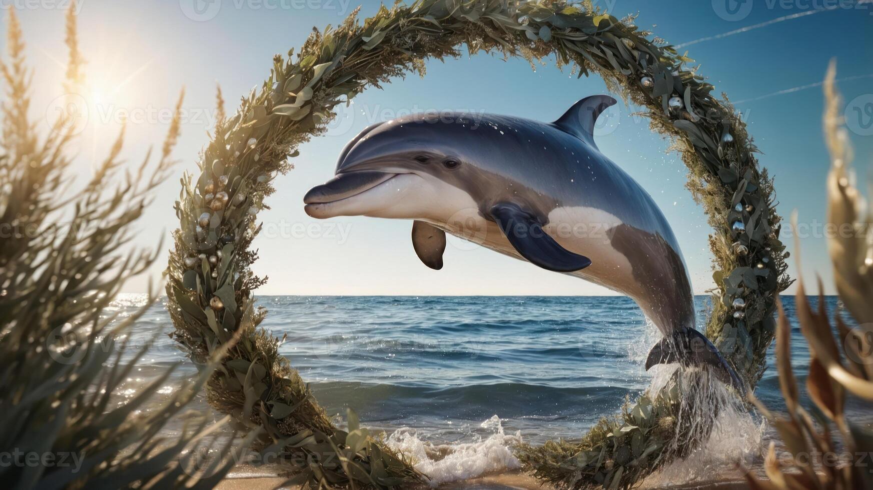 A dolphin leaps through a circular wreath above the ocean, symbolizing freedom and joy. photo