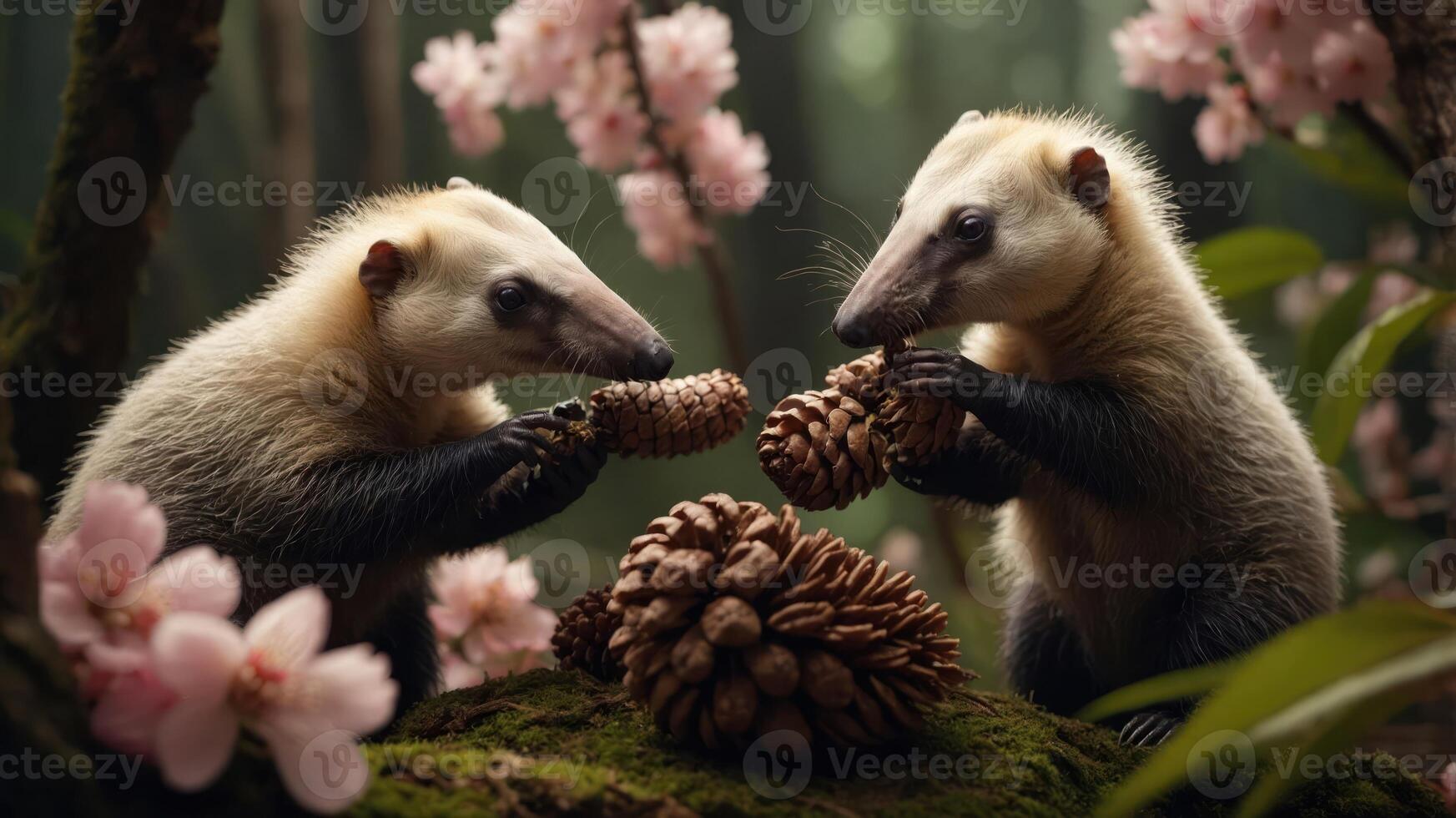 Two animals play with pine cones among pink flowers in a lush forest setting. photo