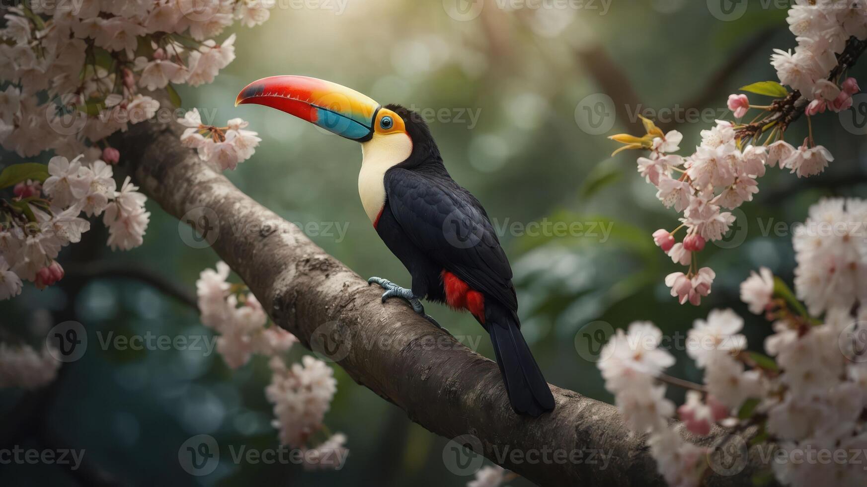 A colorful toucan perched on a branch surrounded by cherry blossoms in a vibrant setting. photo