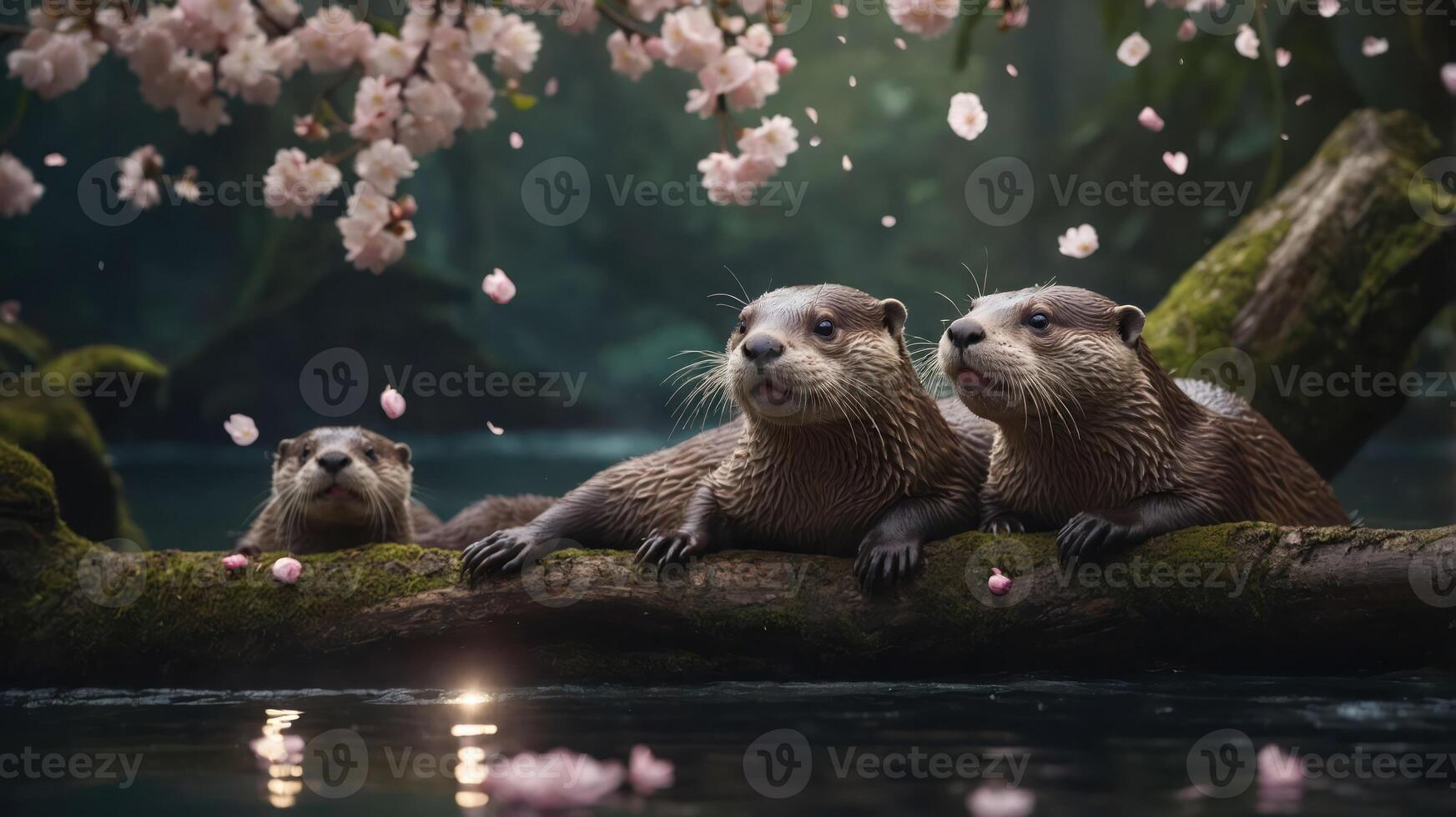 Three otters resting on a log under cherry blossoms in a serene, natural setting. photo