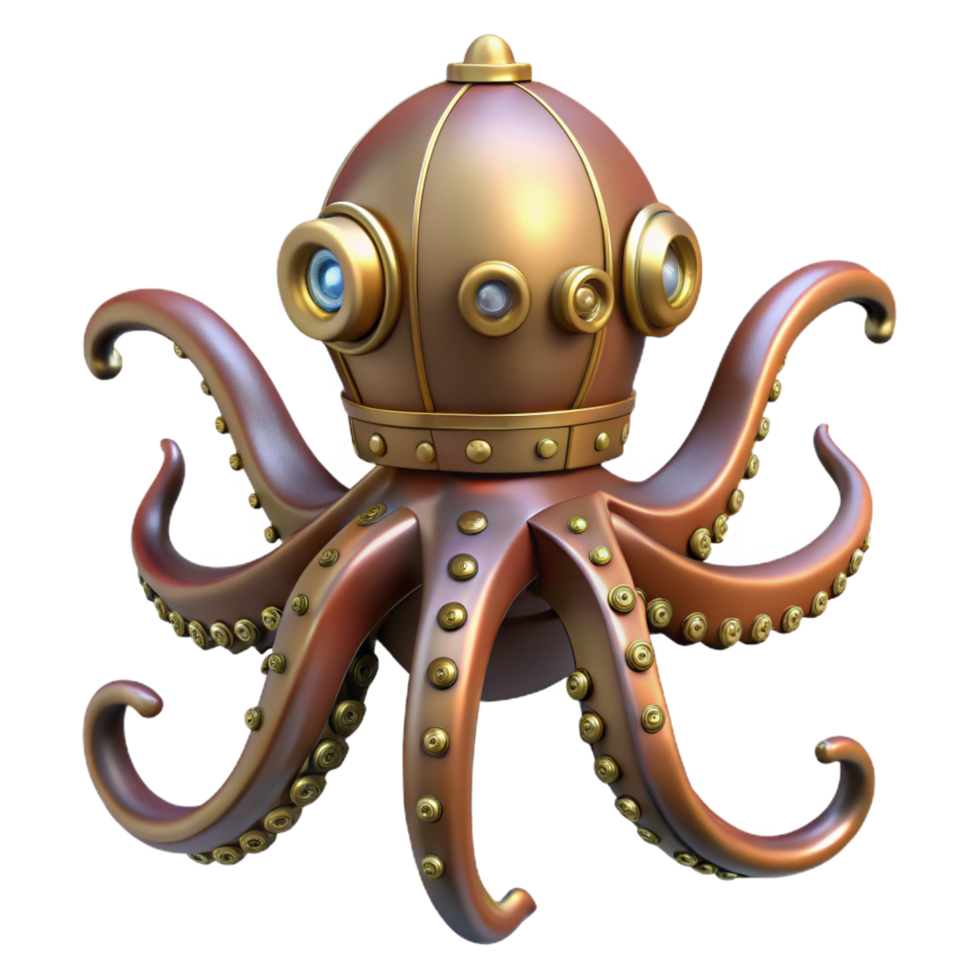 wonderful dynamic victorian Steampunk octopus automaton with articulated tentacles. NO BACKGROUND with Transparent Background. handcrafted png