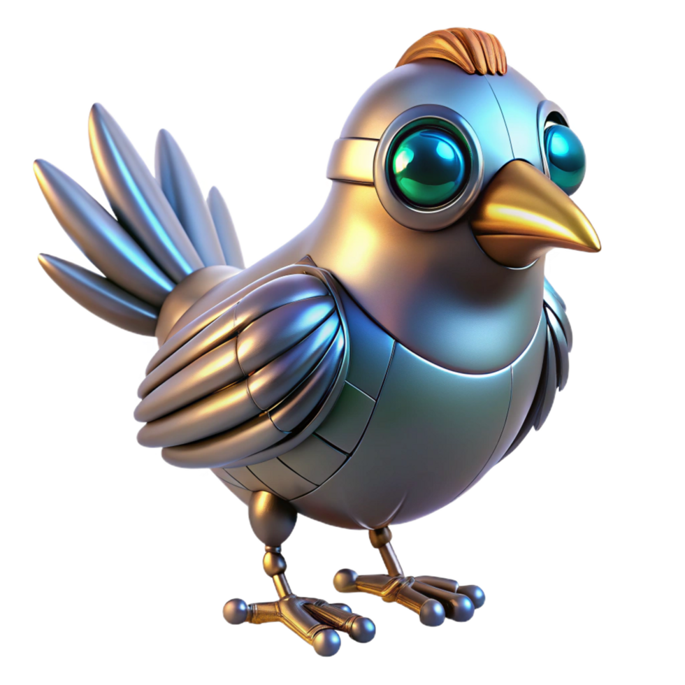 immaculate elegant Robotic bird with metallic feathers and glowing eyes. NO BACKGROUND with Transparent Background. high quality png