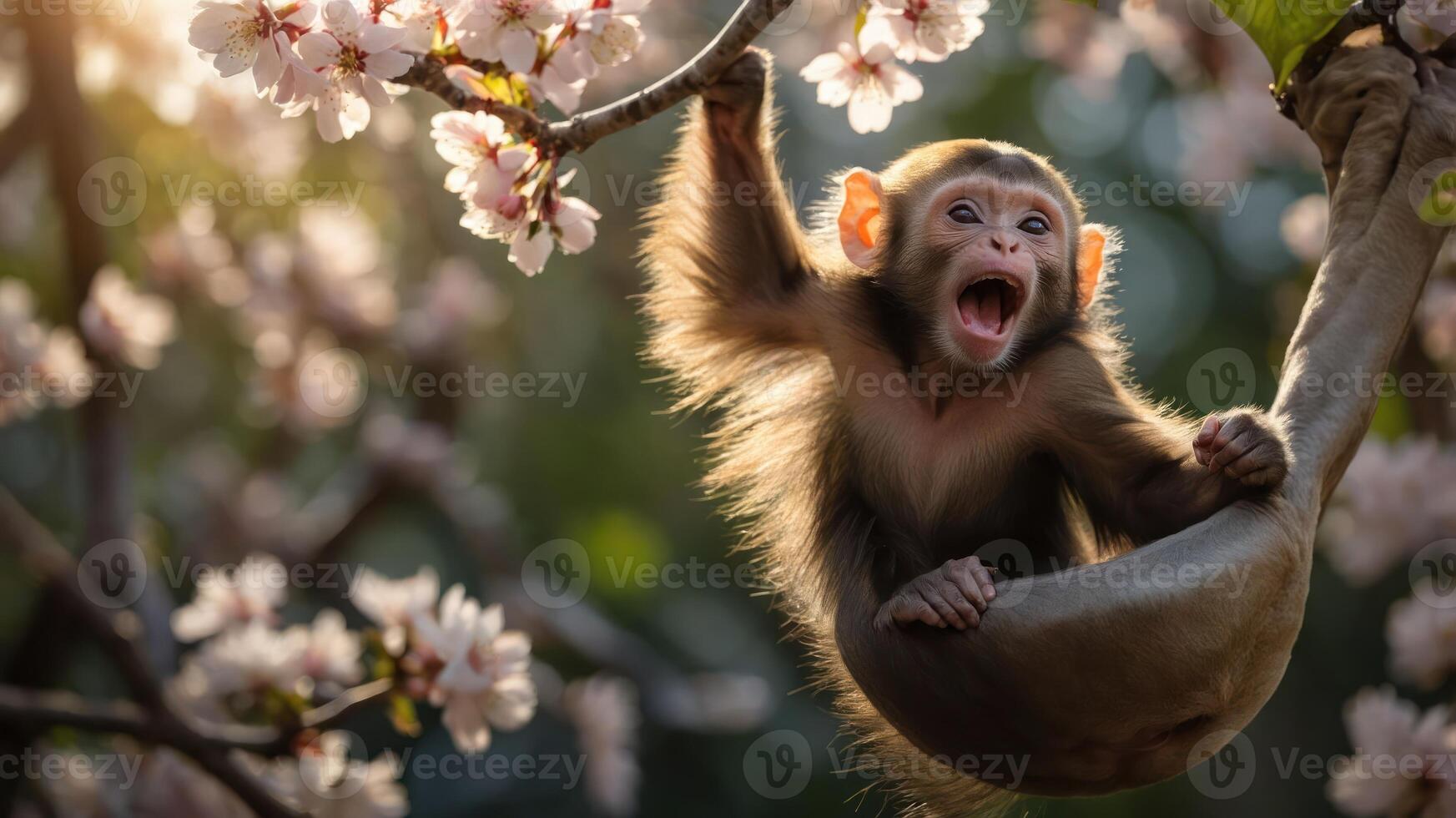A playful monkey hanging from a branch adorned with cherry blossoms, expressing joy. photo