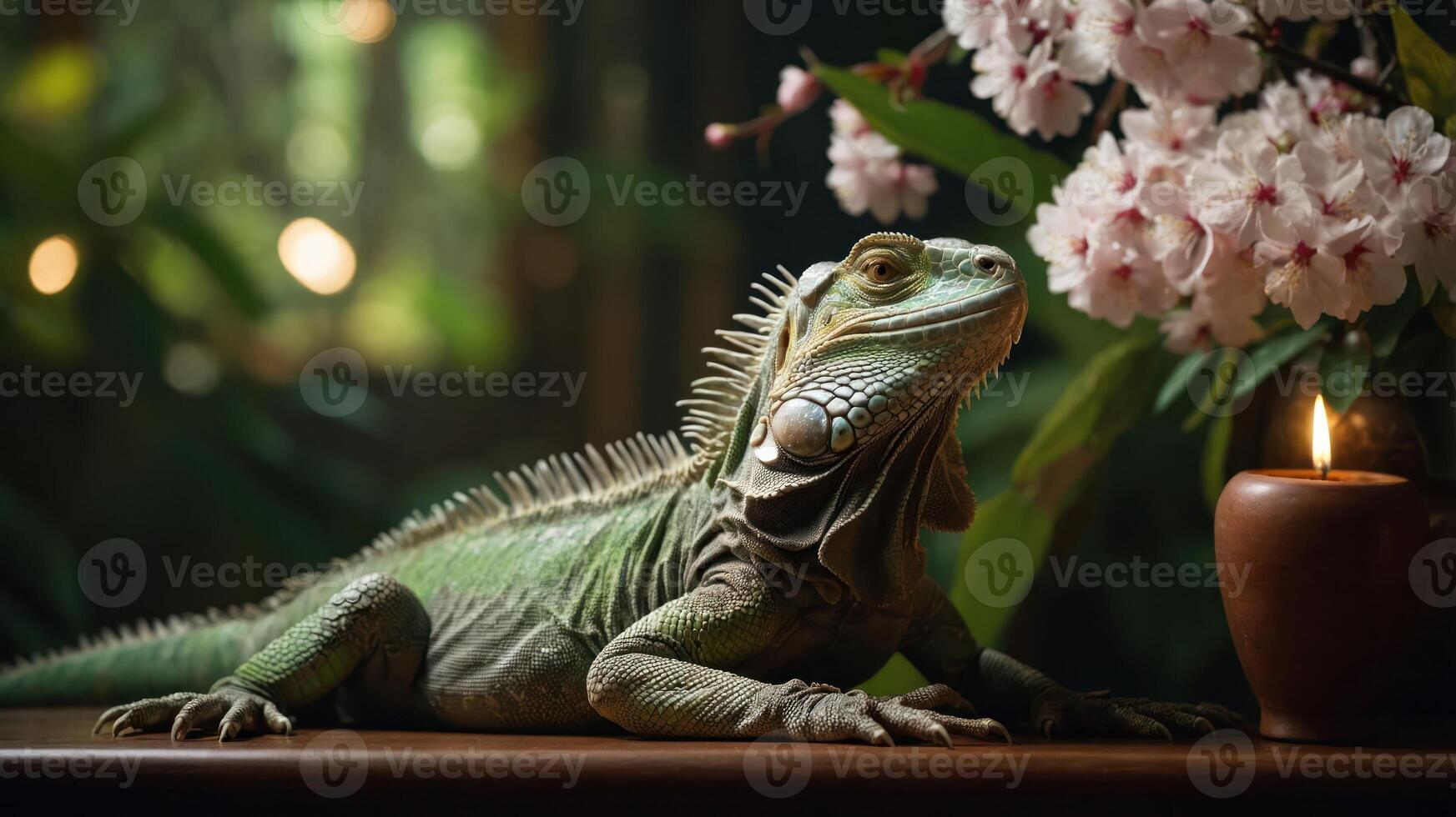 A green iguana rests near pink flowers and a candle, creating a serene atmosphere. photo