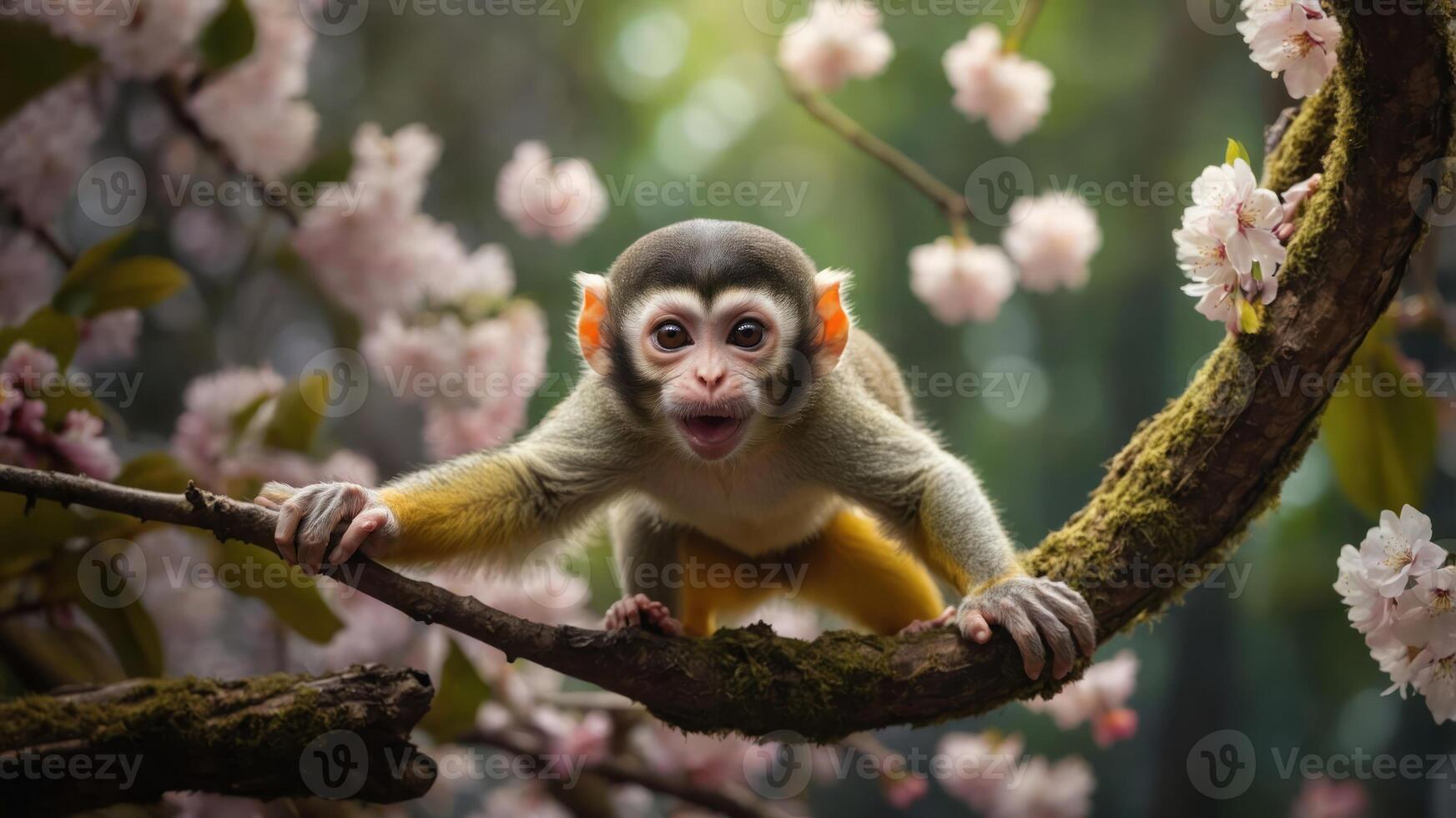 A playful monkey perched on a branch amidst blooming flowers. photo