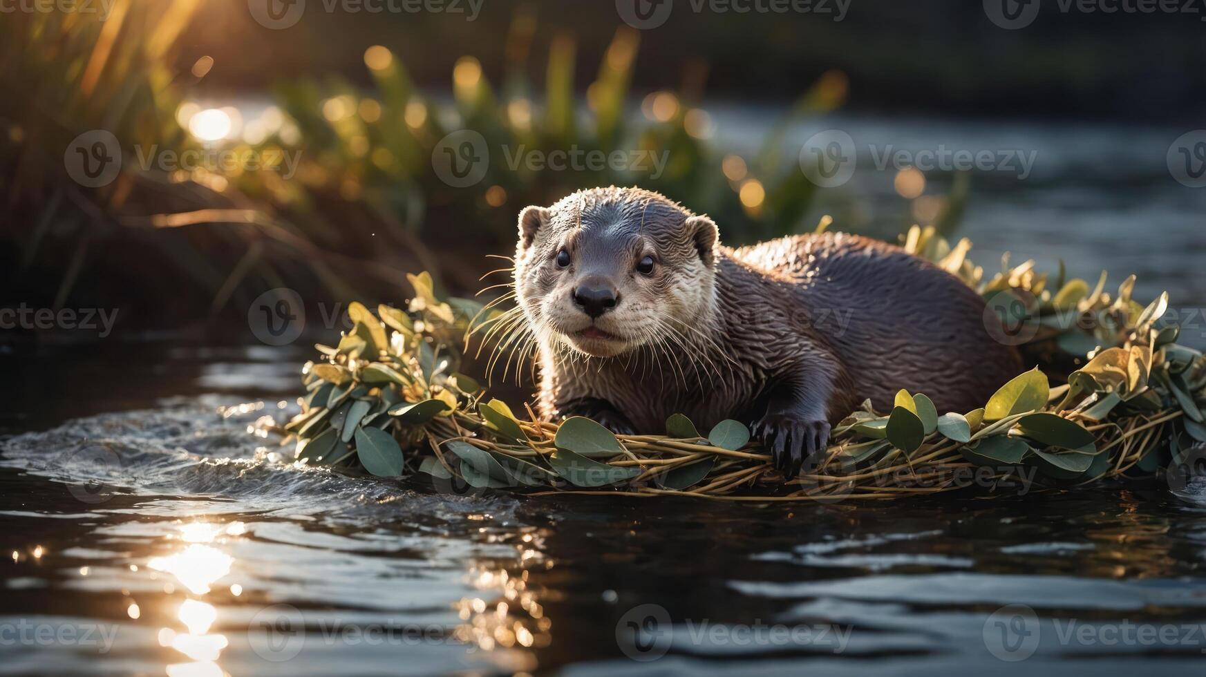 A playful otter sits on a leafy float in a serene water setting, illuminated by sunlight. photo