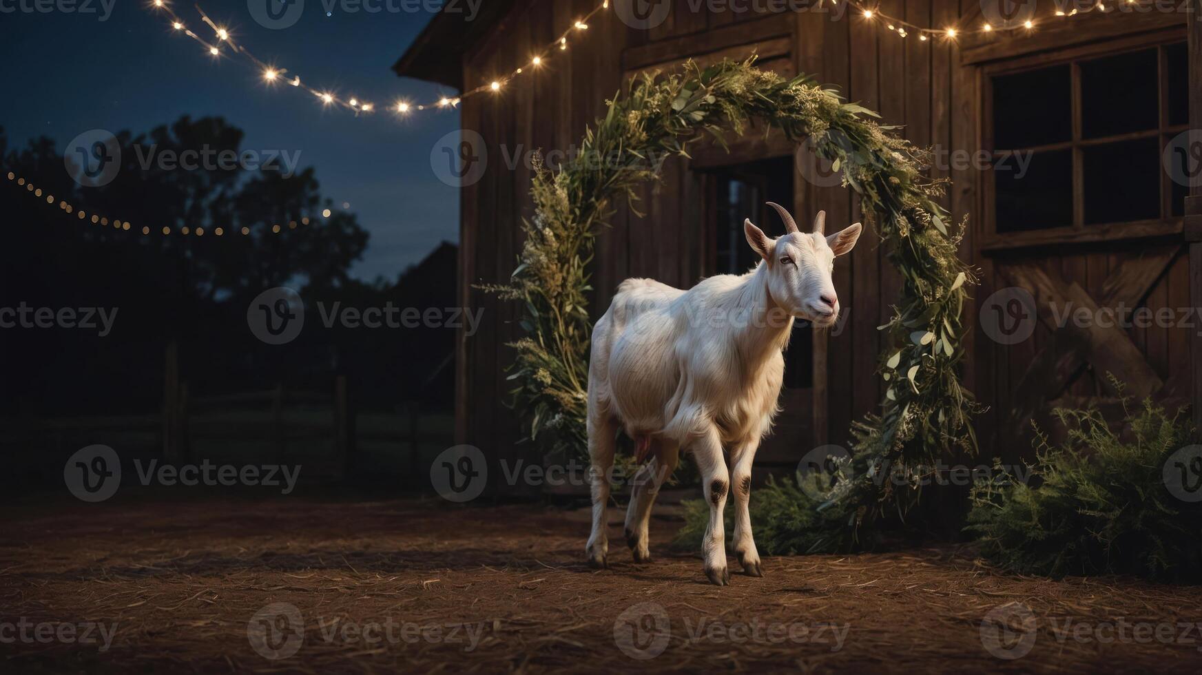 A goat stands in a rustic setting adorned with lights and greenery, creating a charming atmosphere. photo
