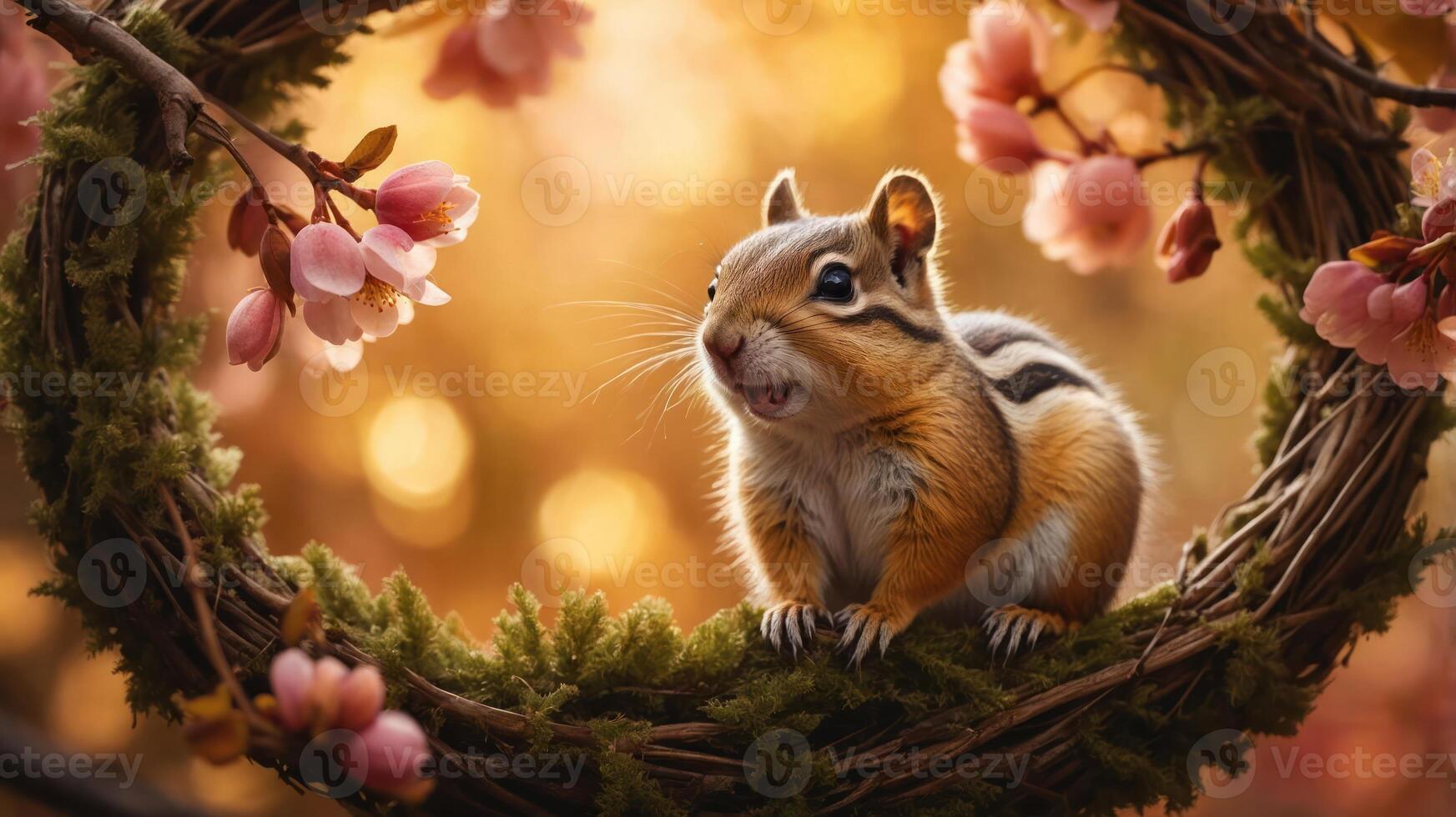 A chipmunk sits in a floral wreath, surrounded by soft golden light and cherry blossoms. photo