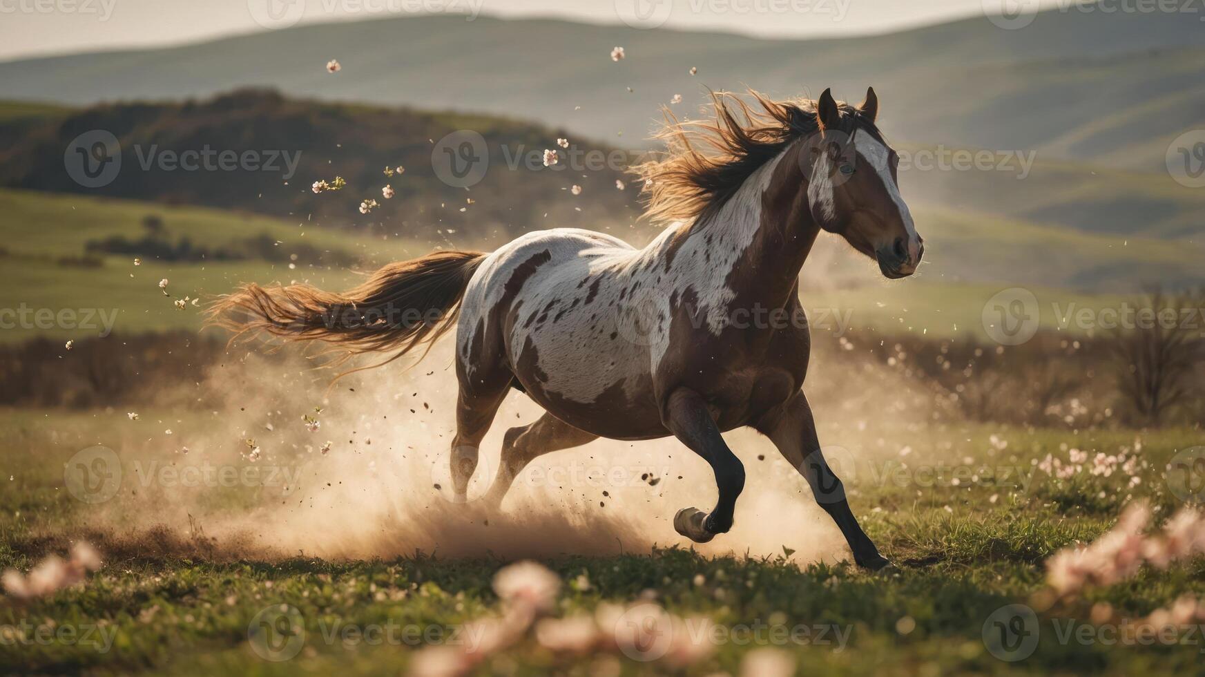 A horse gallops through a vibrant field, creating a cloud of dust in a picturesque landscape. photo