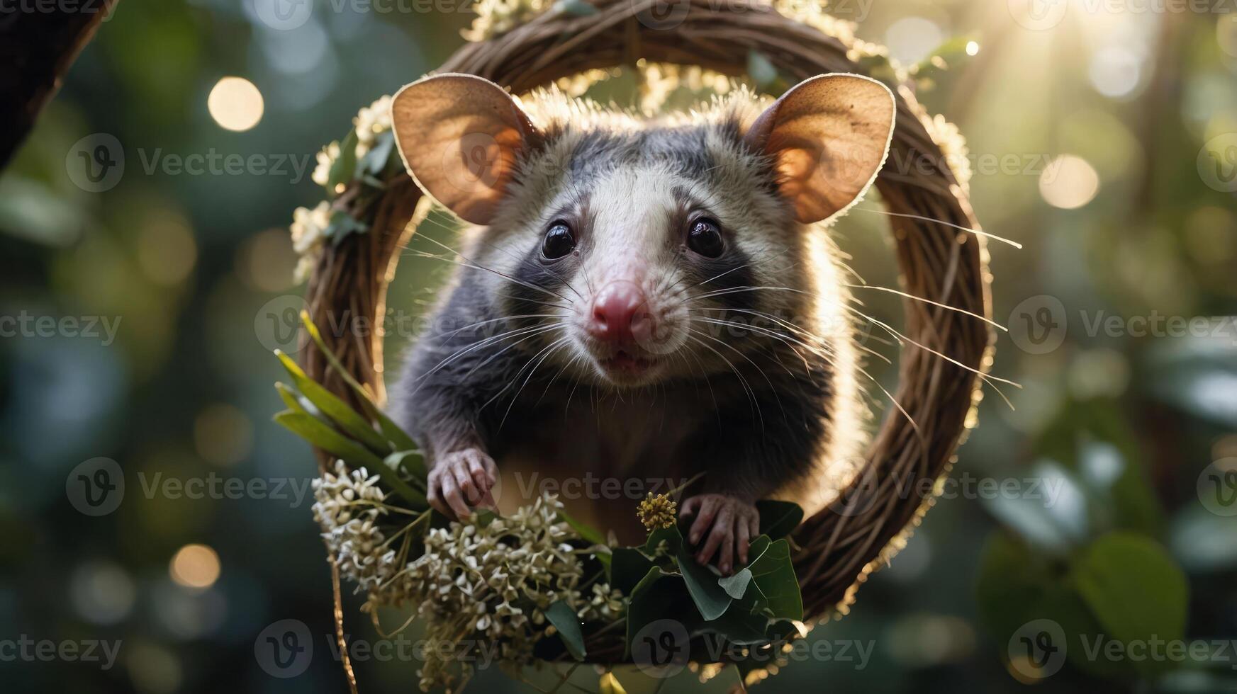 A close-up of a possum in a natural setting, surrounded by greenery and soft light. photo