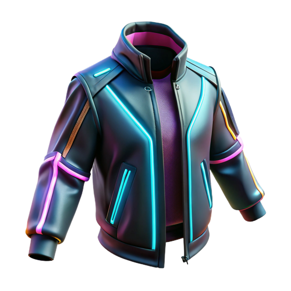 pristine avant-garde Cyberpunk jacket with glowing accents. NO BACKGROUND with Transparent Background. sharp png