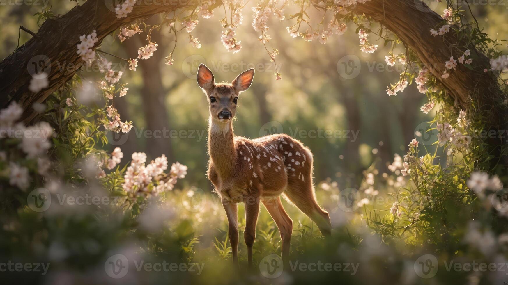 A serene fawn stands amidst blooming flowers, illuminated by soft sunlight in a tranquil setting. photo