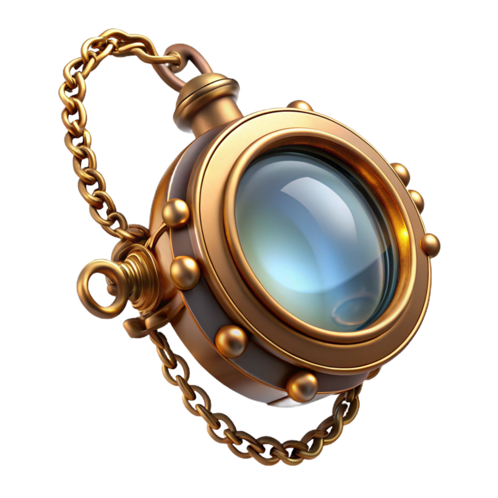 serene intense geometric Steampunk monocle with a delicate chain and ornate frame. NO BACKGROUND with Transparent Background. expertly shot png