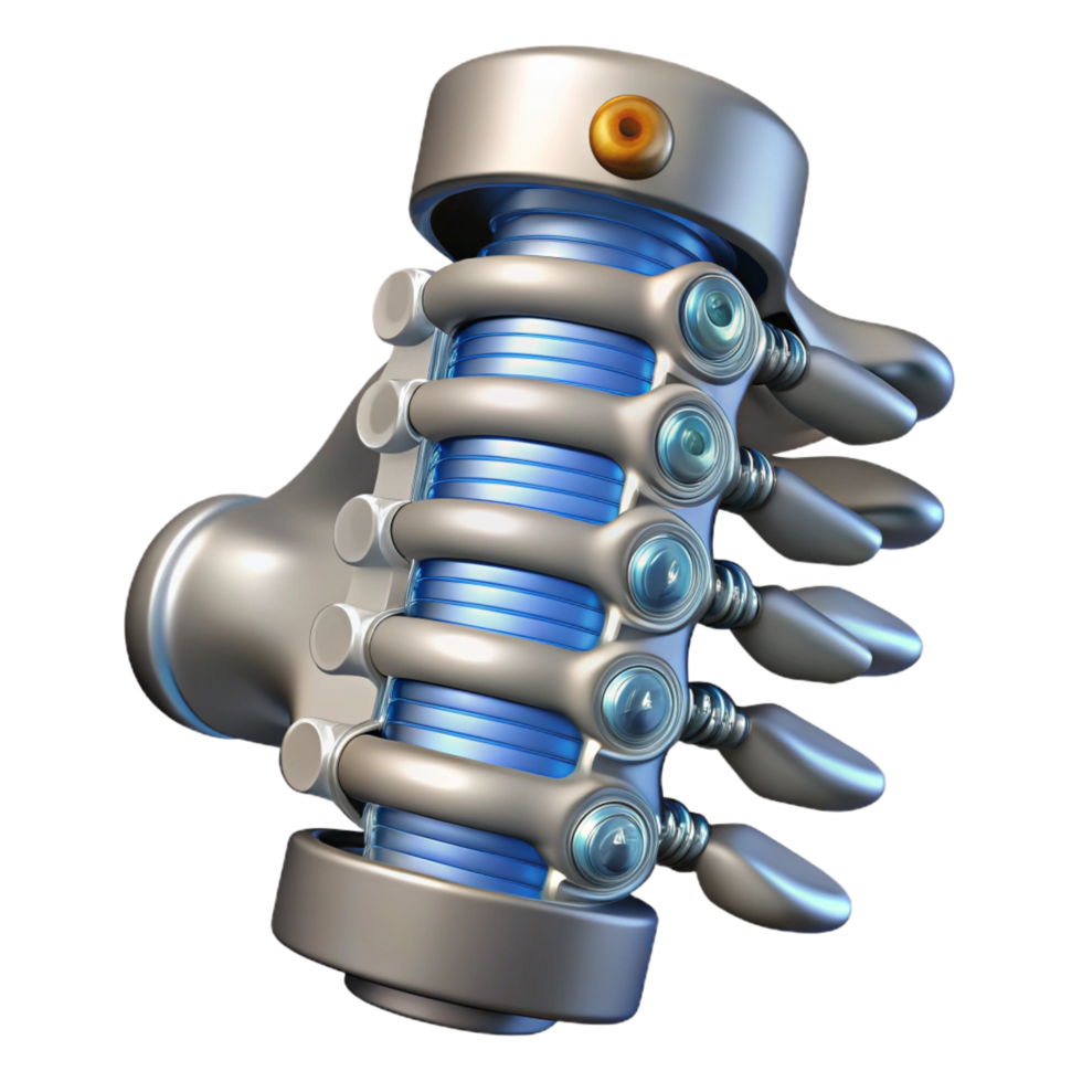 signature classic Cybernetic spine implant, metallic vertebrae, intricate wiring. NO BACKGROUND with Transparent Background. crisp png