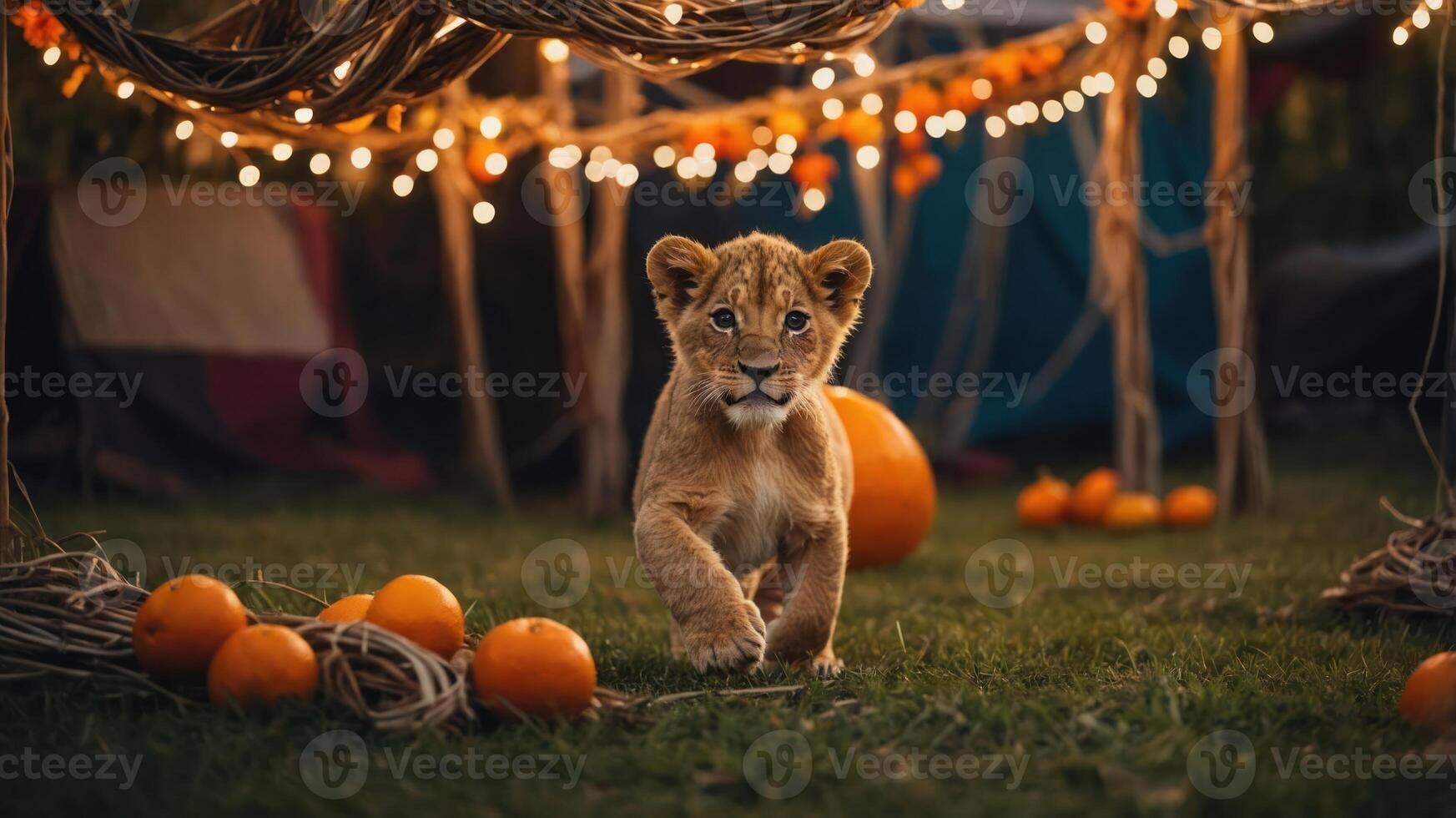 A playful lion cub explores a festive setting adorned with lights and oranges. photo