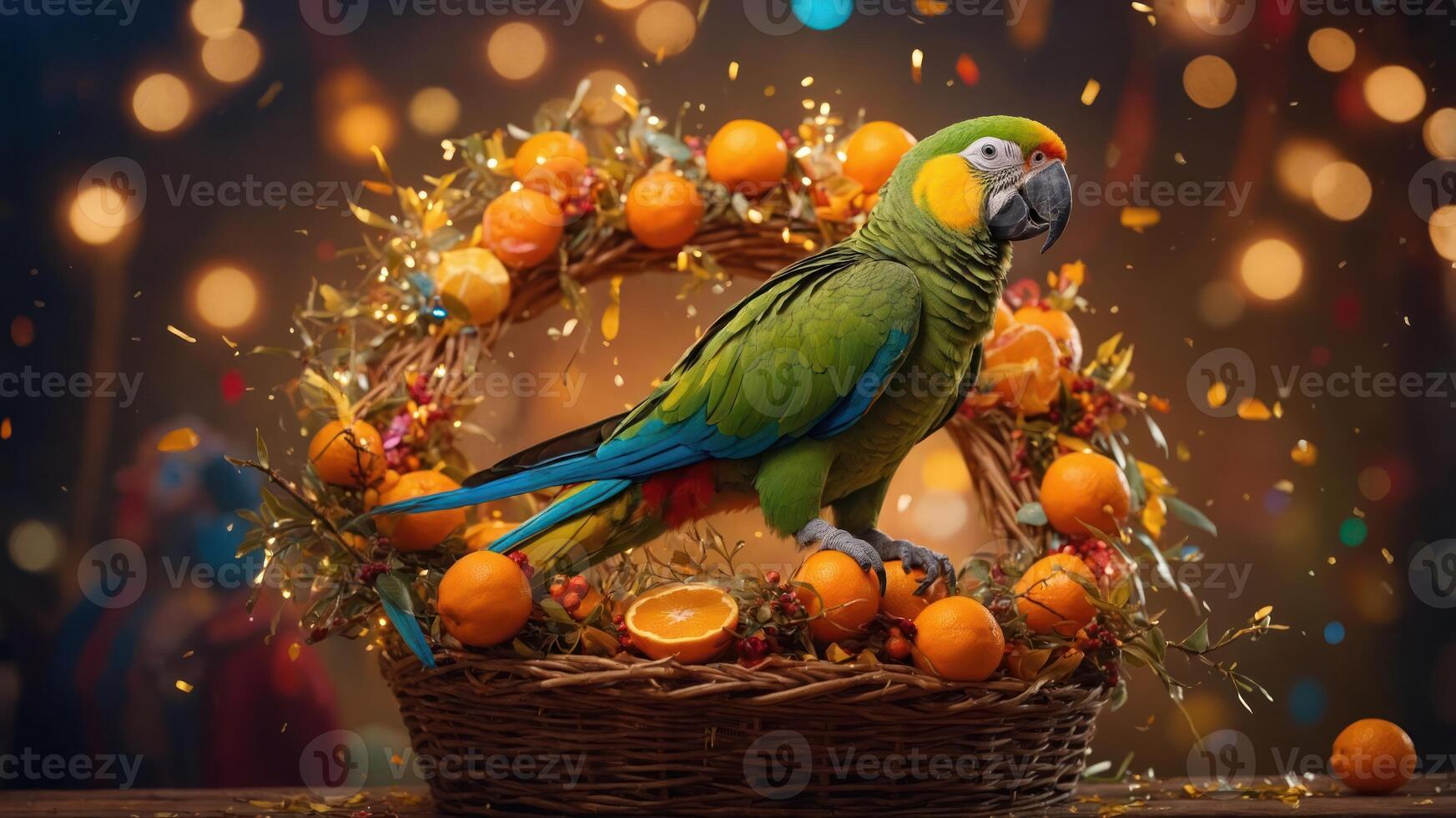 A vibrant parrot perched on a decorative basket filled with oranges, set against a festive backdrop. photo