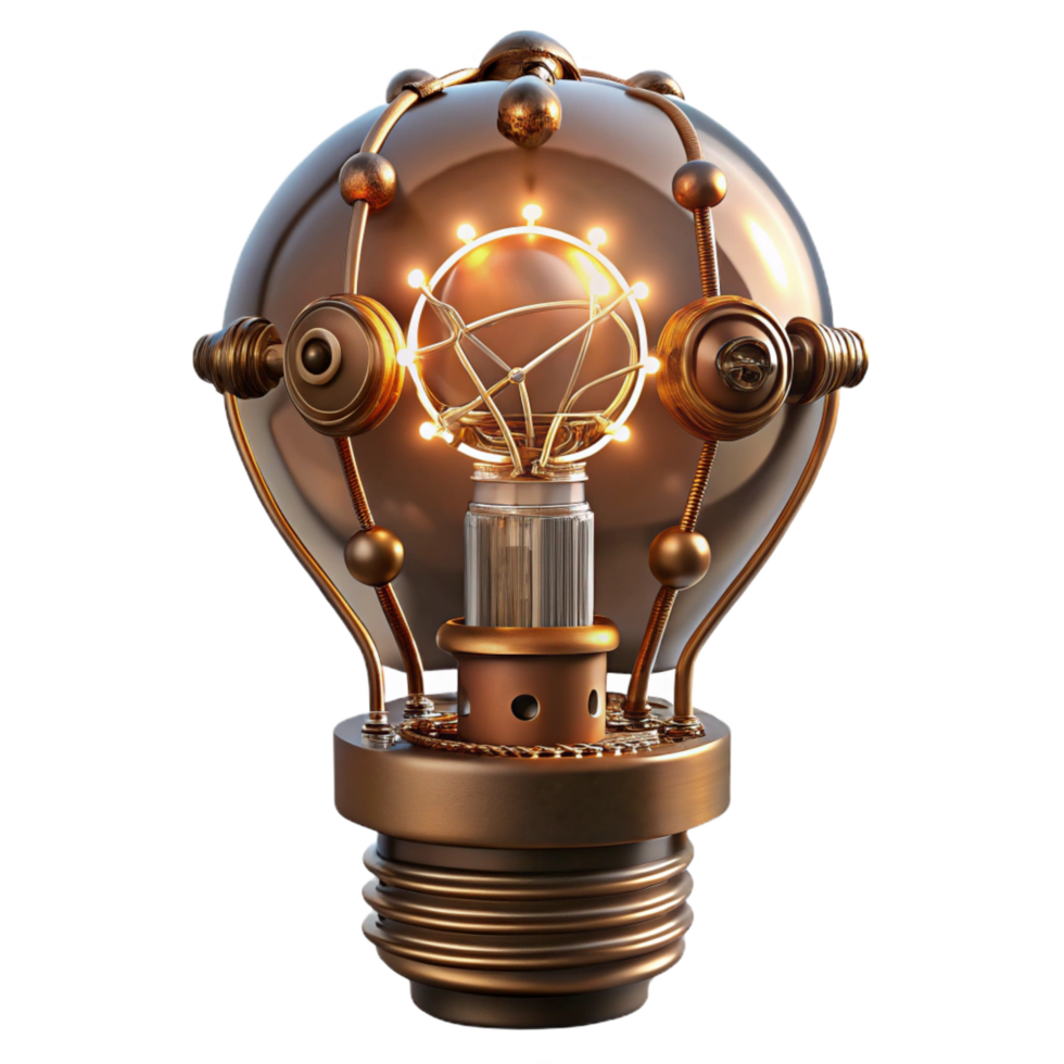 iconic mid-century Steampunk light bulb with exposed filaments and intricate wiring. NO BACKGROUND with Transparent Background. expertly shot png