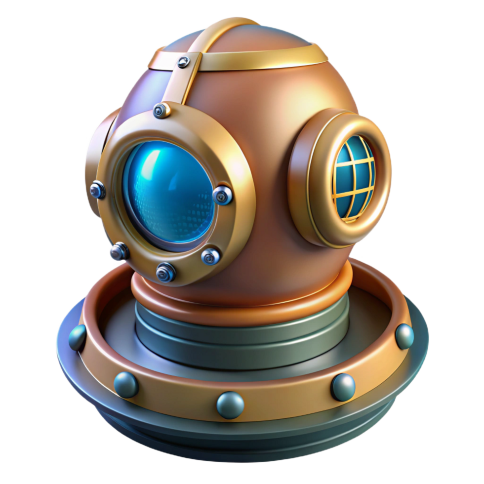 extraordinary art deco Futuristic diving suit helmet with integrated lights NO BACKGROUND with Transparent Background. sharp png