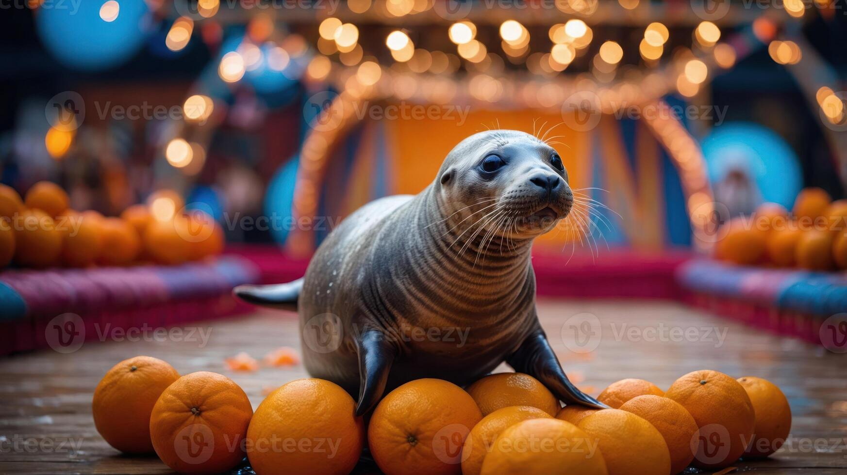 A seal balancing on oranges in a circus-like setting with festive lights. photo