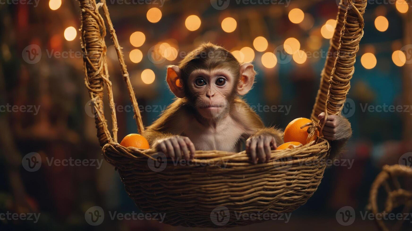 A young monkey sits in a woven basket, surrounded by oranges and warm lights. photo