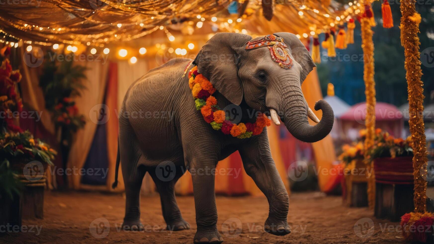 An adorned elephant walking under decorative lights at a festive event. photo