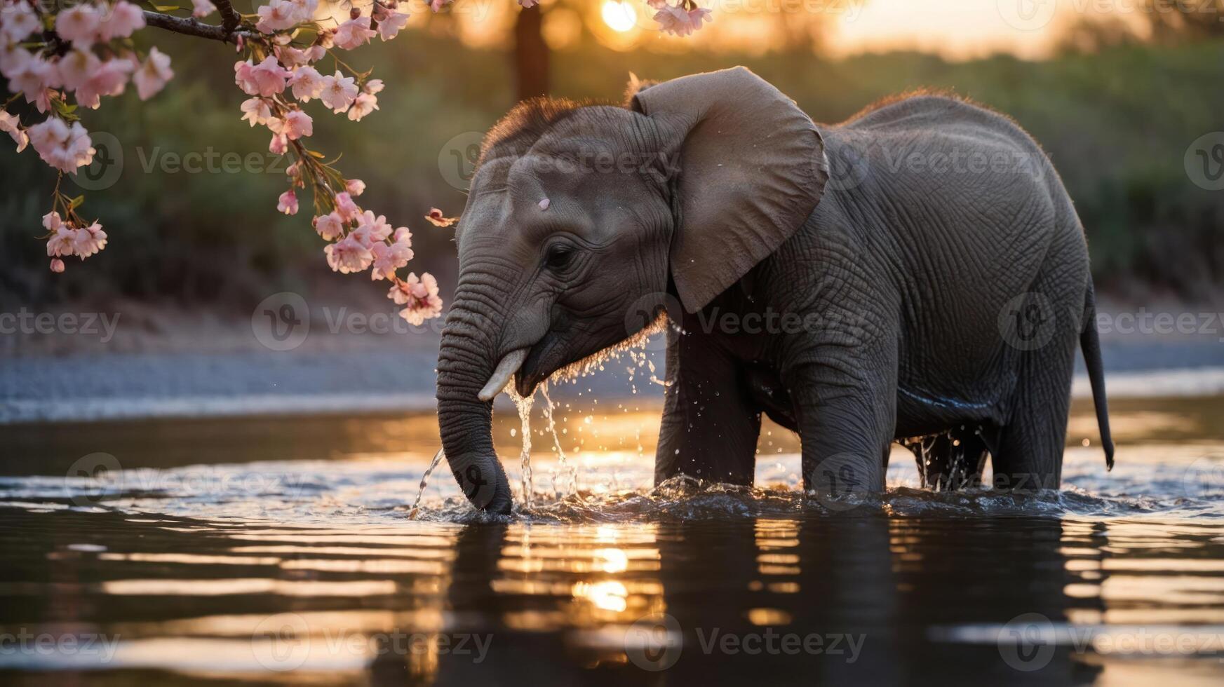 An elephant wades through water at sunset, surrounded by blooming flowers. photo