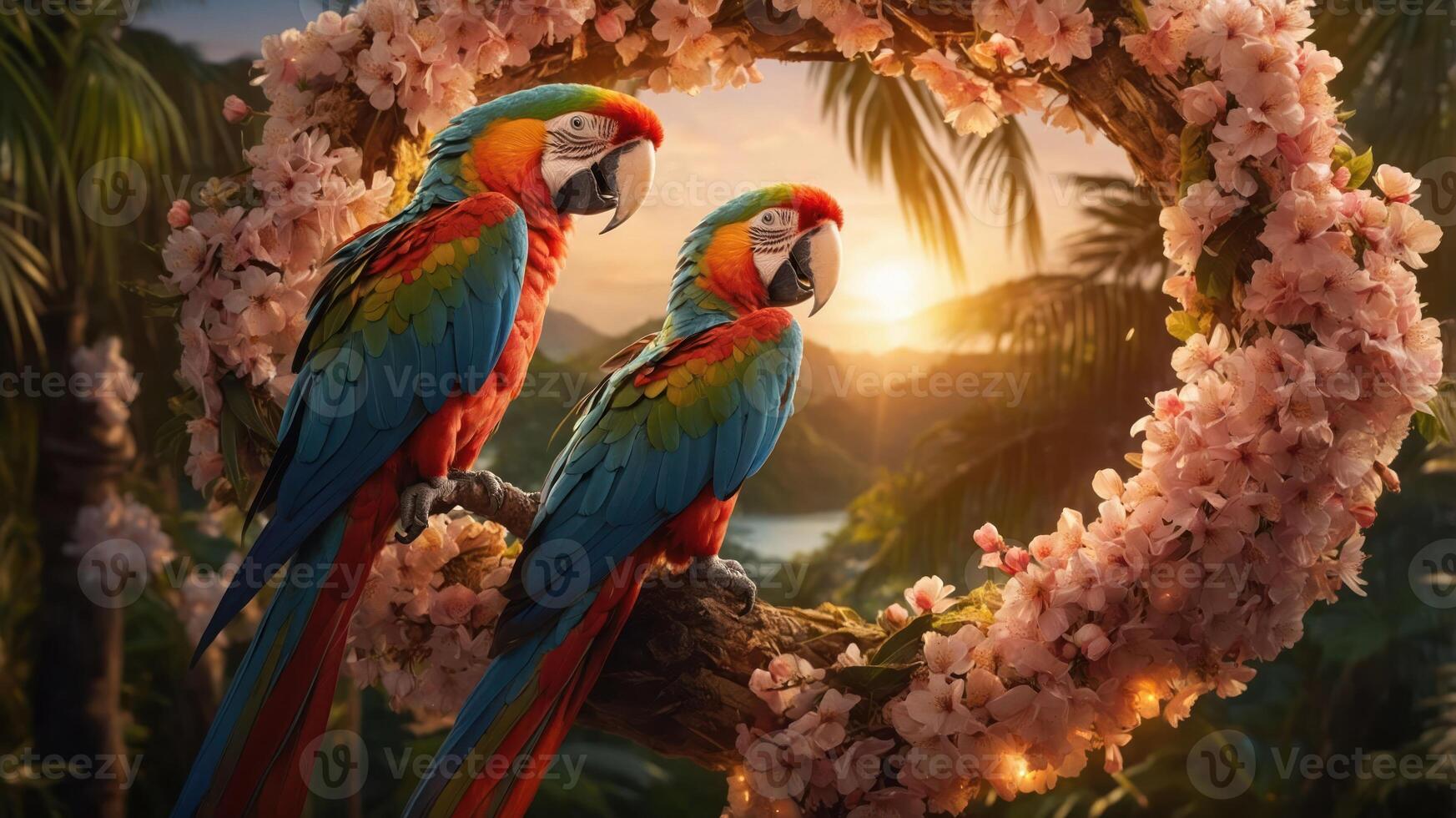 Two colorful parrots perched on a floral branch at sunset, surrounded by lush greenery. photo