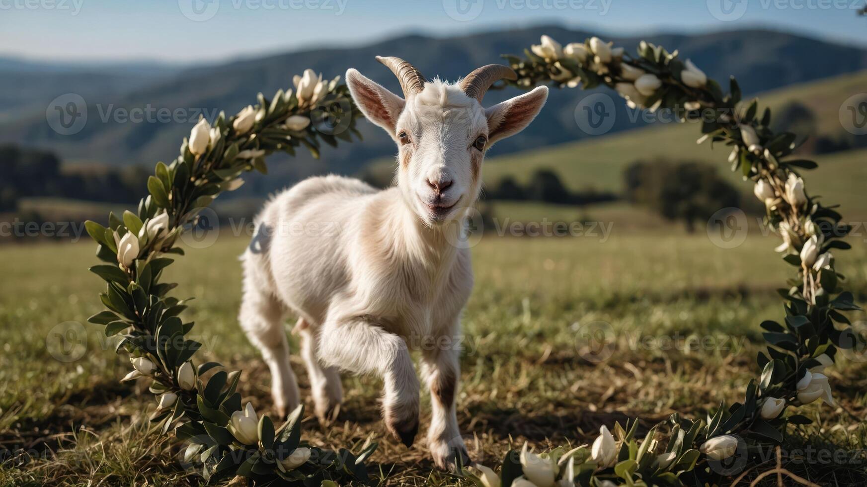 A playful goat stands in a floral wreath against a scenic landscape backdrop. photo